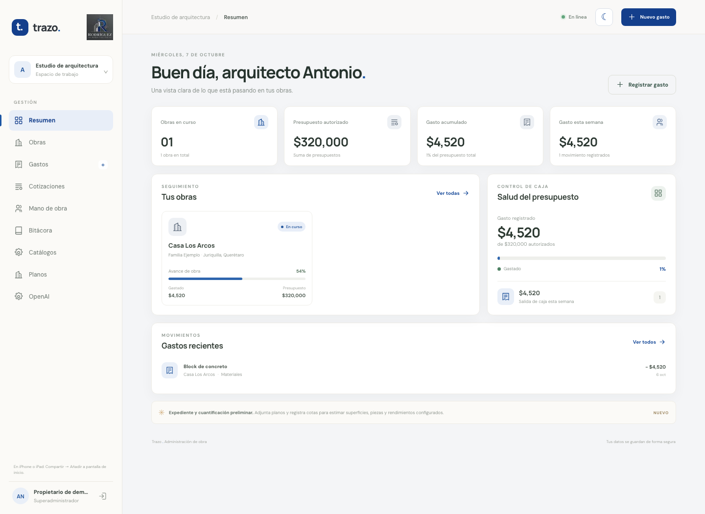Tablero de Trazo y acceso al portafolio de obras