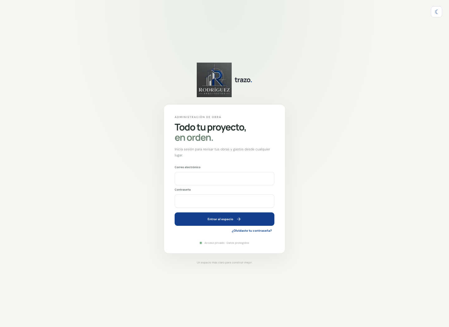 Pantalla de inicio de sesión de Trazo con el branding de Rodríguez Arquitectos